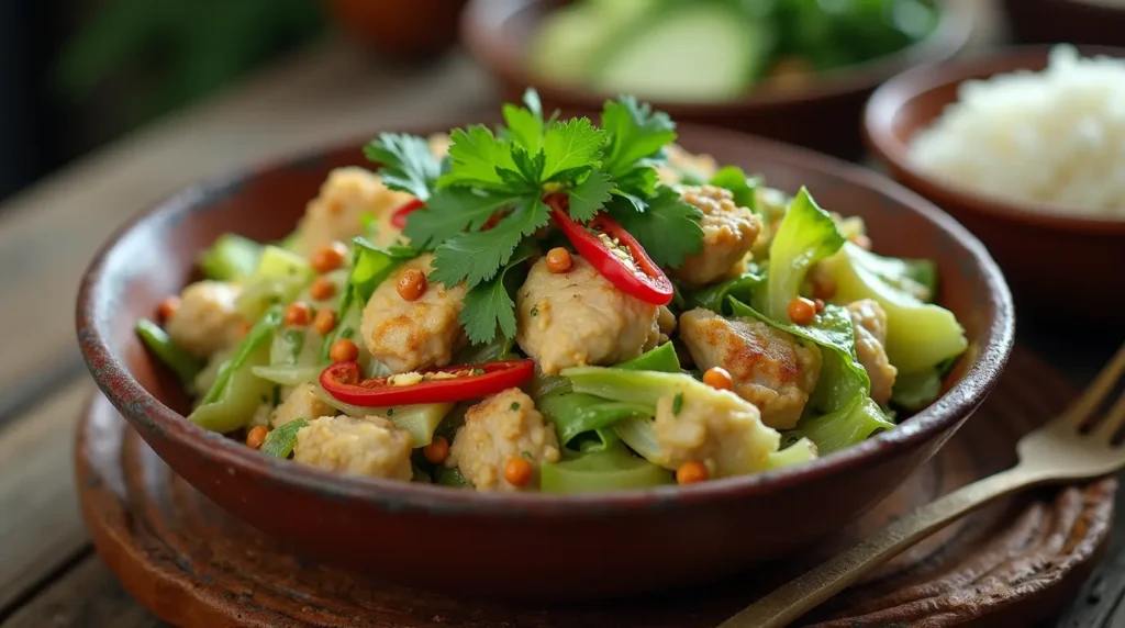 Delicious Hmong cabbage and chicken with a side of steamed rice, served in a traditional bowl with vibrant vegetables.