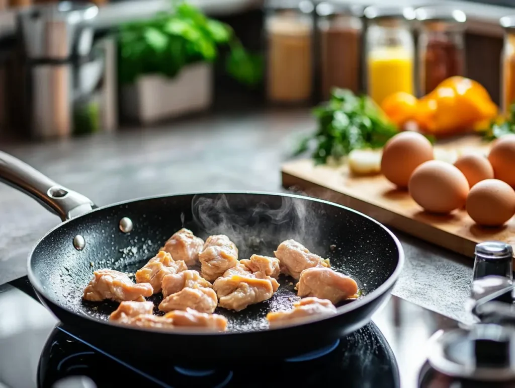  Modern kitchen counter displaying chicken and eggs being prepared with a frying pan, vegetables, and spices for healthy cooking.