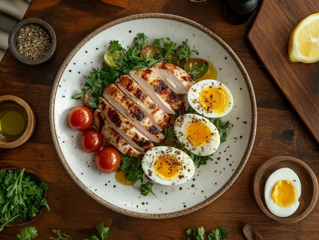 Top-down view of a chicken and egg meal with grilled chicken slices, boiled eggs, and fresh vegetables on a rustic wooden table.