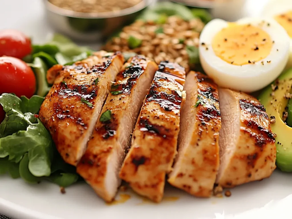 Close-up of a healthy chicken and egg dish served with leafy greens, avocado slices, and cherry tomatoes on a white plate.