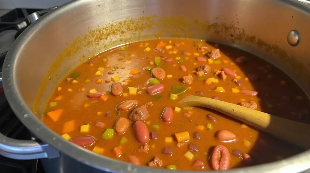 Hearty taco soup cooking in a large pot, releasing delicious aromas from the bubbling broth and ingredients.