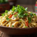 Hmong-inspired chicken and cabbage stir-fry with fresh herbs and sesame seeds