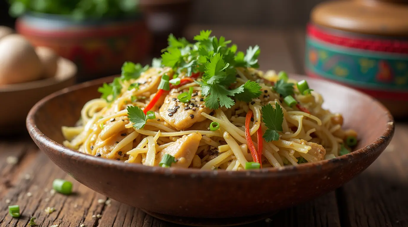 Hmong-inspired chicken and cabbage stir-fry with fresh herbs and sesame seeds