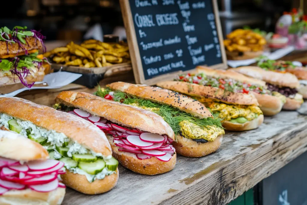 Regional variations of Matjesbrötchen sandwiches with different sauces, toppings, and garnishes displayed at a German street food market.