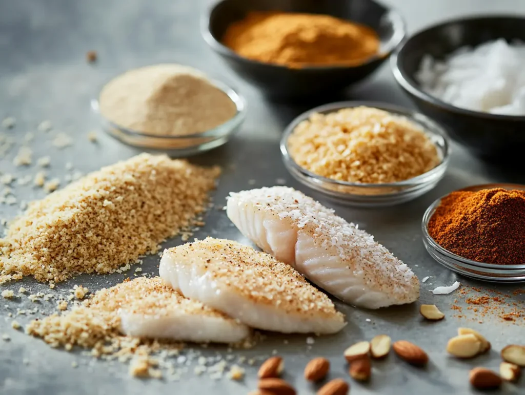 Various flour-free coating options for frying fish, including cornmeal, crushed nuts, breadcrumbs, and coconut flakes.