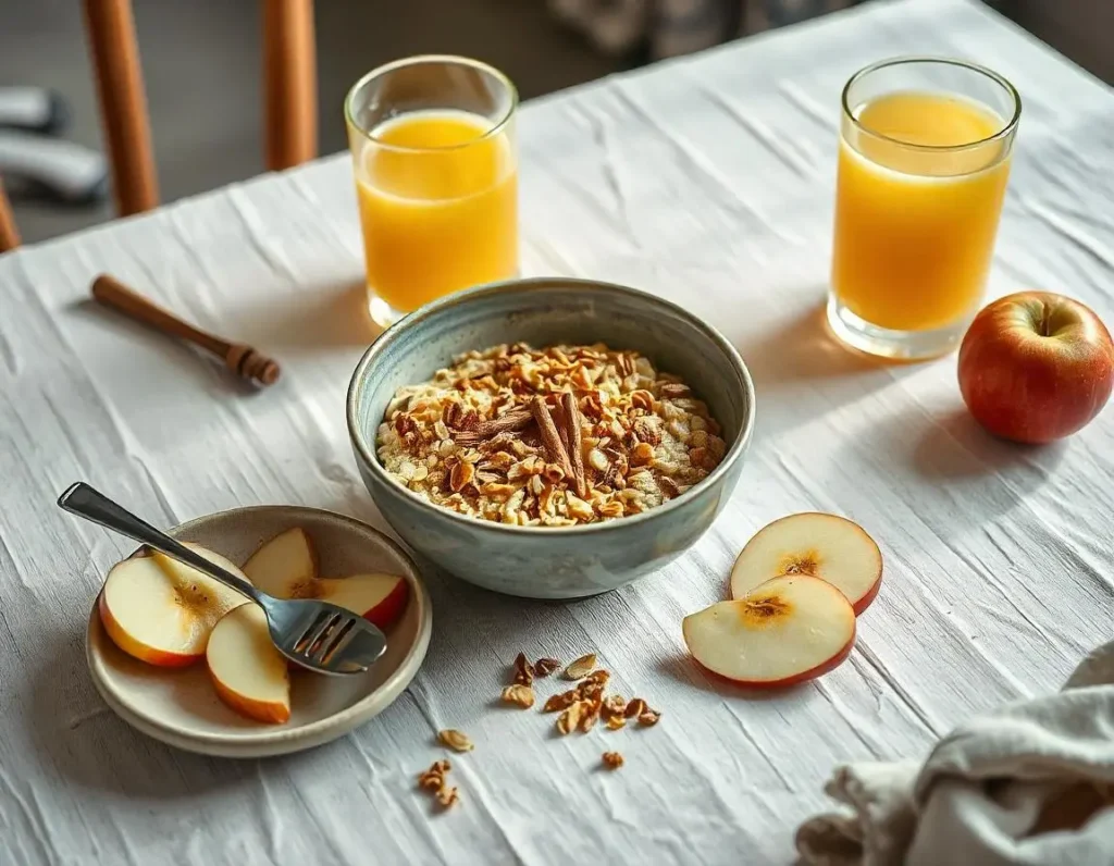 A cozy breakfast table featuring apple cinnamon oatmeal, fresh apple slices with honey and granola, and a glass of apple juice, perfect for showcasing apple breakfast recipes.