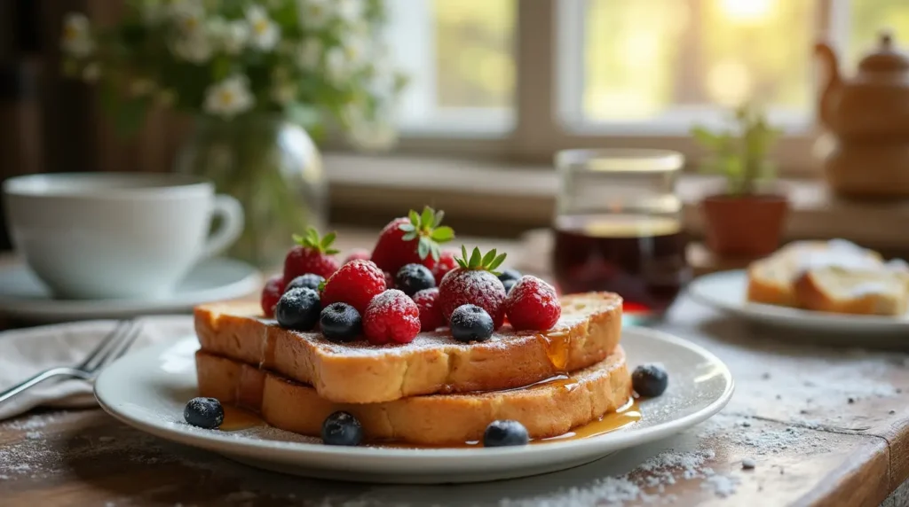 Plate of golden sourdough French toast topped with fresh berries, powdered sugar, and maple syrup on a rustic breakfast table