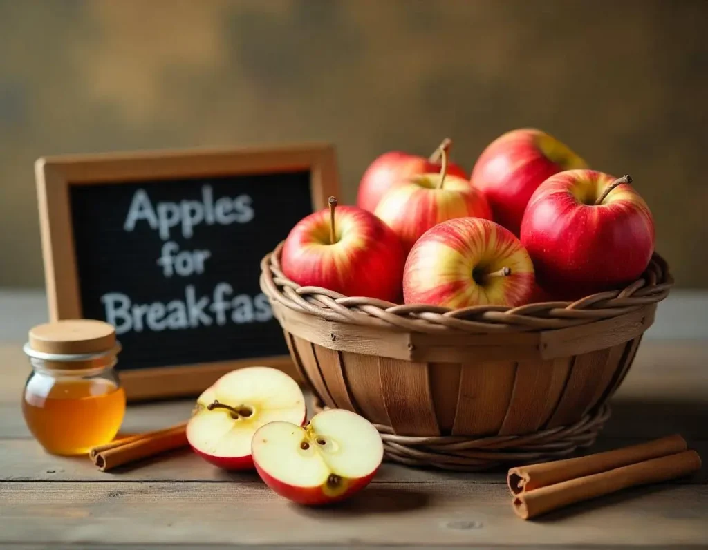 A rustic basket filled with different types of apples, accompanied by a chalkboard labeled 'Best Apples for Breakfast,' representing FAQs about apple breakfast recipes.