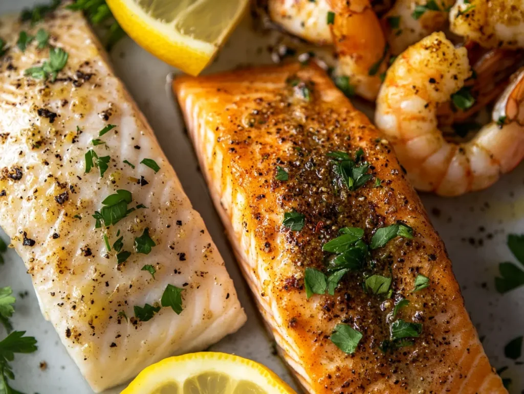 White fish with lemon and parsley, salmon with bold spices, and garlic butter shrimp garnished with fresh herbs.