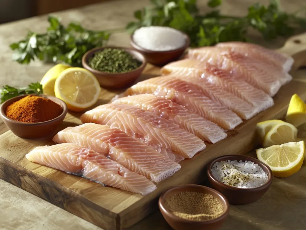 Fresh fish fillets with seasonings like salt, pepper, lemon, and herbs on a wooden cutting board.