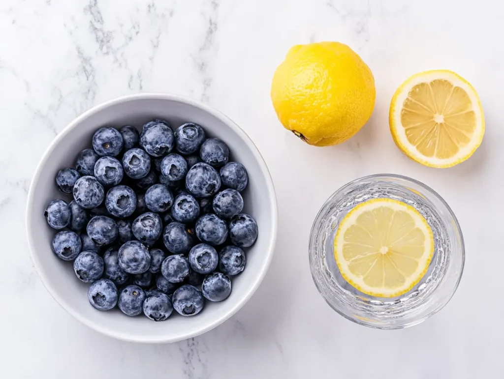 Fresh blueberries in a bowl, a sliced lemon, and a glass of lemon water, highlighting the nutritional benefits of ingredients used in blueberry lemon pancakes.