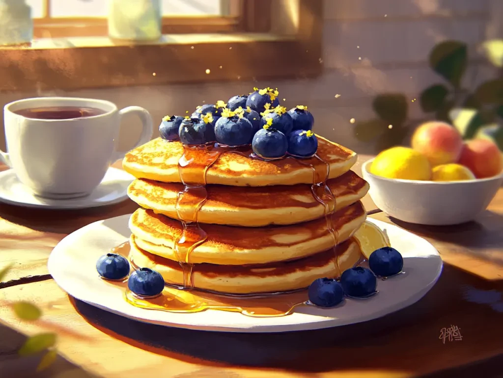 A stack of blueberry lemon pancakes topped with fresh blueberries, syrup, and lemon zest, served with tea and fruits on a rustic breakfast table