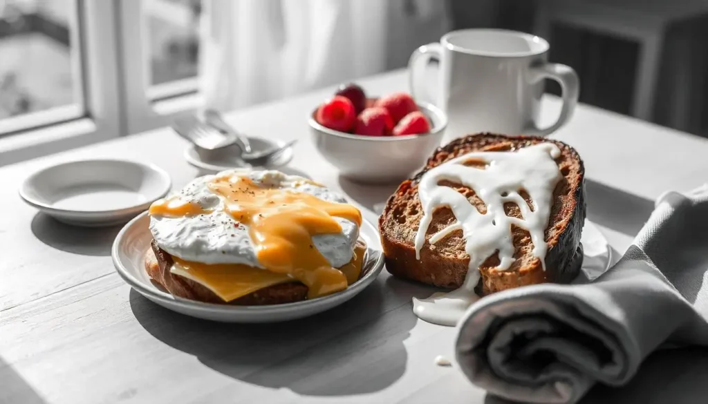 Breakfast table with fried egg and cheese sandwich, wheat bread French toast with cream cheese frosting, and fresh berries.