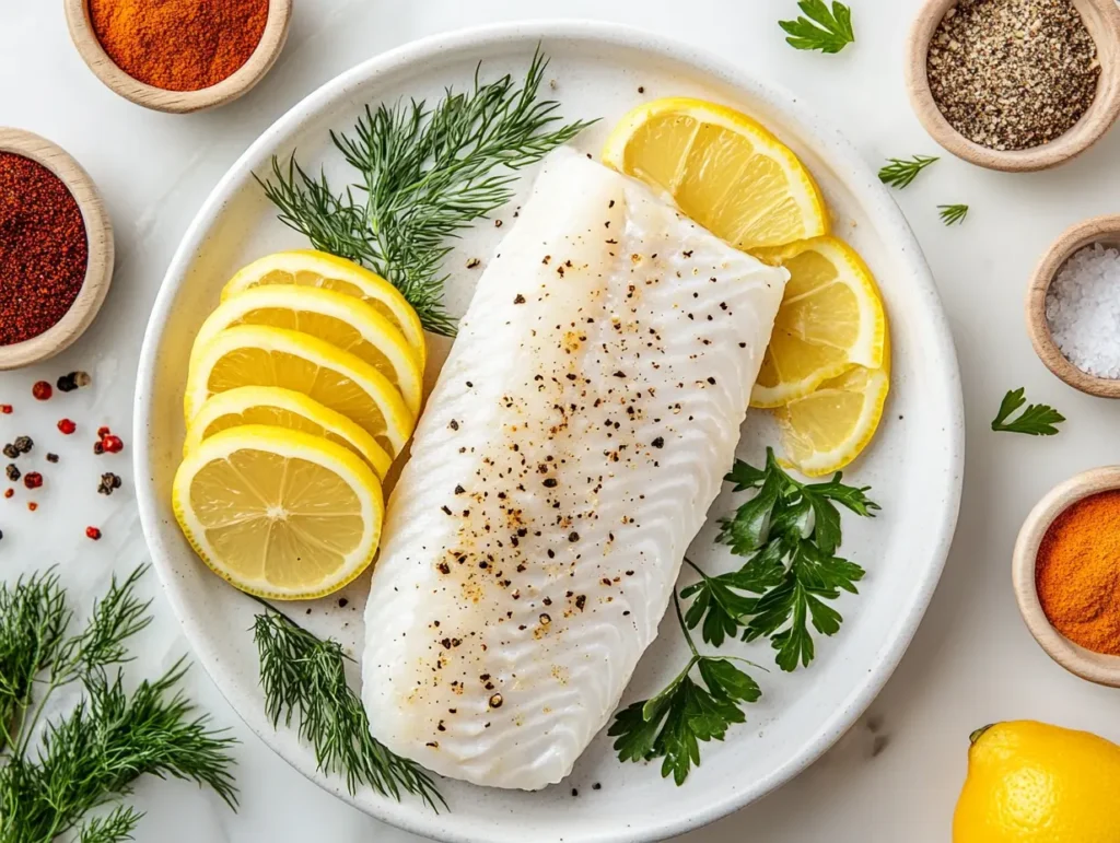  Pan-seared white fish fillet seasoned with salt, pepper, lemon slices, and garnished with fresh dill and parsley.