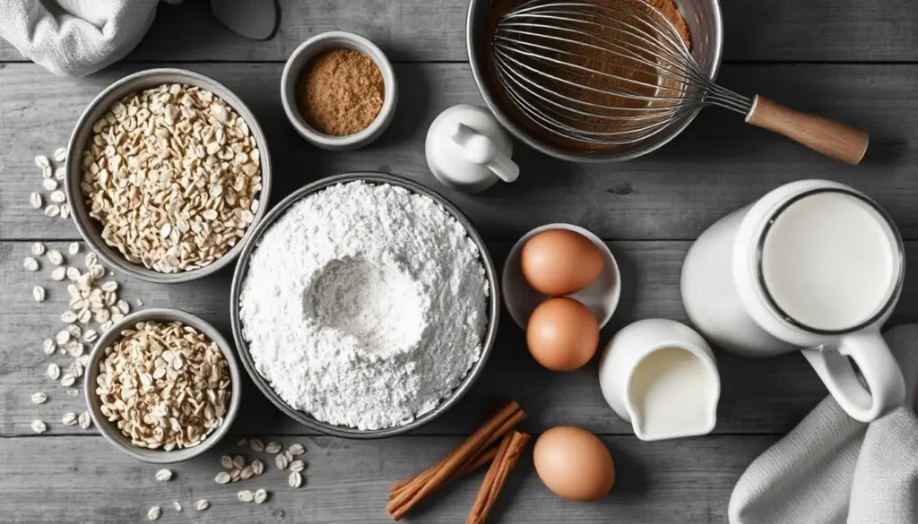 Key ingredients for coffee cake with oatmeal streusel, including rolled oats, flour, butter, brown sugar, and cinnamon, laid out on a rustic kitchen counter.