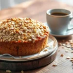 A freshly baked coffee cake with oatmeal streusel on top, displayed on a wooden table with a cup of coffee and scattered oats, showcasing its crunchy topping and golden color.