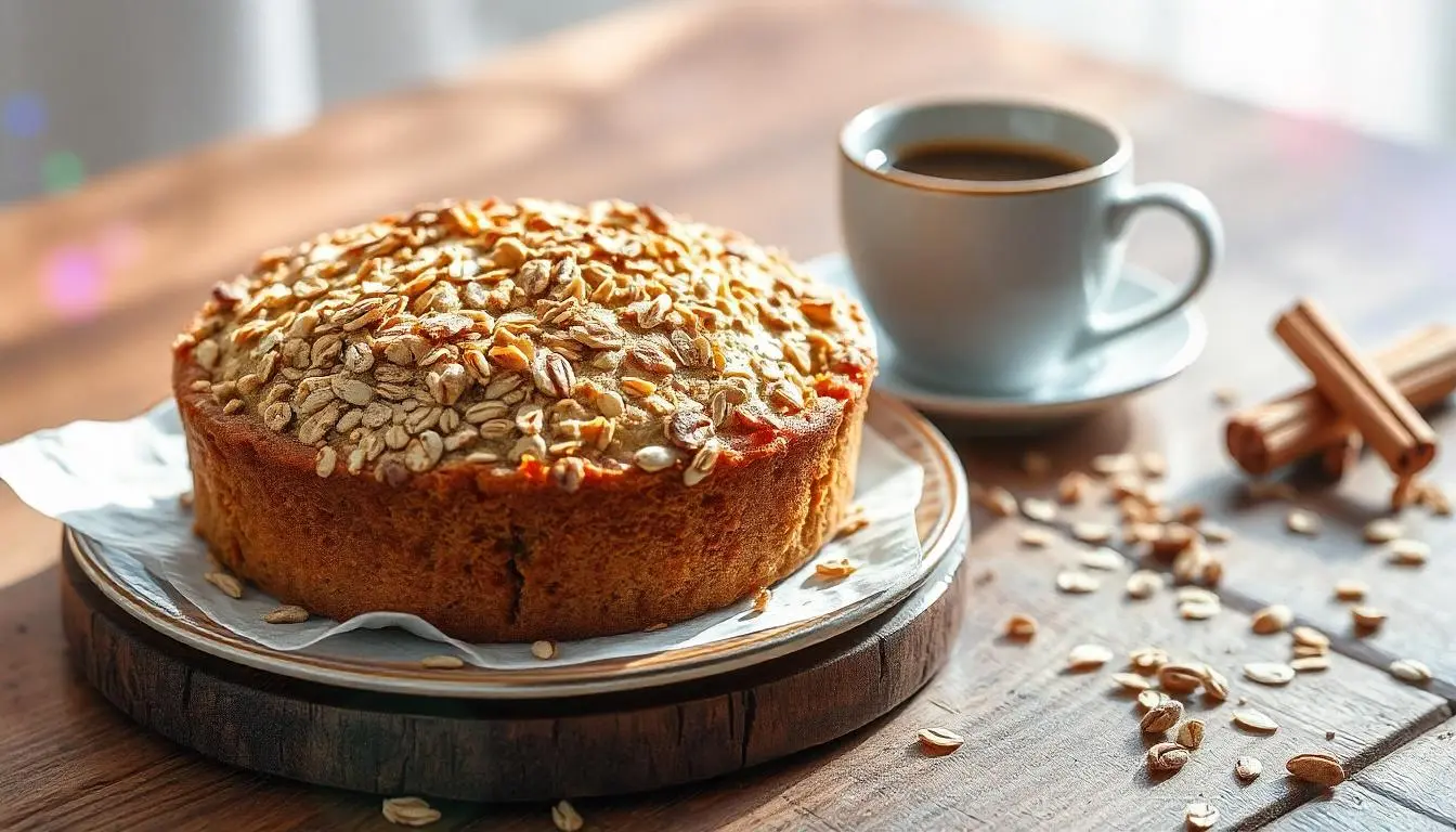 A freshly baked coffee cake with oatmeal streusel on top, displayed on a wooden table with a cup of coffee and scattered oats, showcasing its crunchy topping and golden color.