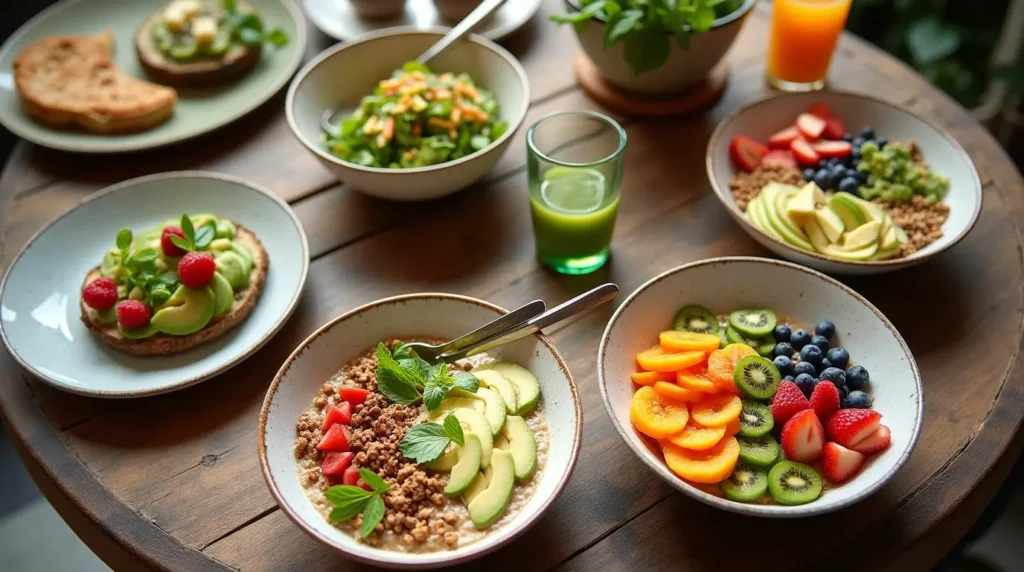 A vibrant breakfast table featuring plant-based foods like smoothie bowls, oatmeal with fresh fruit, avocado toast, and salads, styled with natural lighting on a rustic wooden surface.