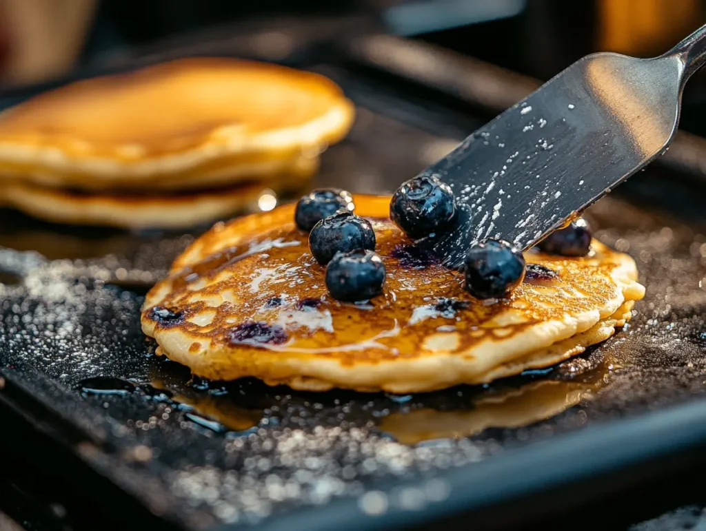 Golden blueberry lemon pancakes cooking on a griddle with blueberries bubbling in the batter and a spatula flipping one pancake.