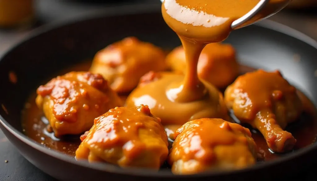 Golden-brown chicken cooking in a skillet, with thick, glossy peanut butter sauce being poured over it. The sizzling chicken and rich sauce create an irresistible and flavorful scene.