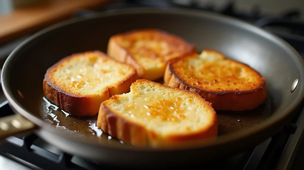 Sourdough bread slices being cooked in a skillet with melted butter, turning golden brown and crispy.