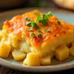 Cozy kitchen scene with creamy scalloped potatoes in a rustic casserole dish topped with a golden cheese crust and garnished with fresh parsley.