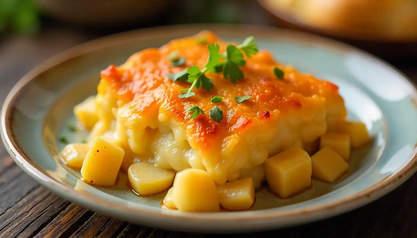 Cozy kitchen scene with creamy scalloped potatoes in a rustic casserole dish topped with a golden cheese crust and garnished with fresh parsley.