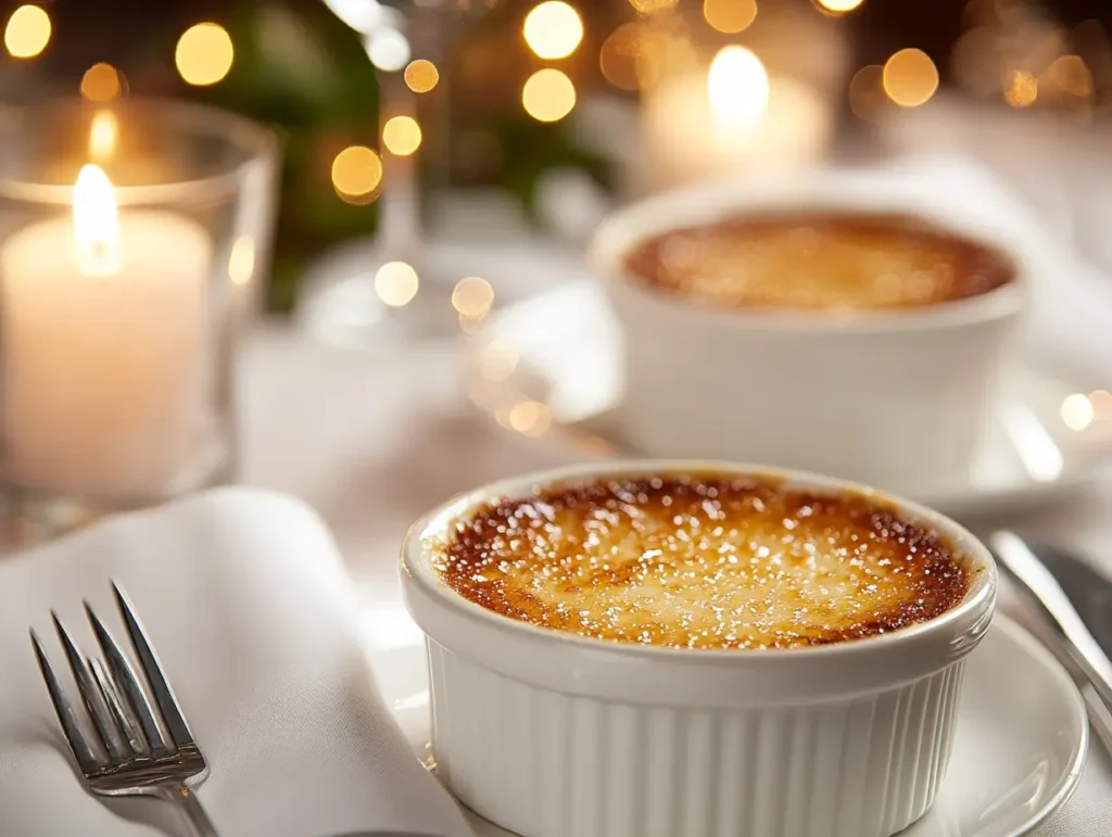 Elegant crab brulee recipe served in ramekins with a golden caramelized crust, presented on a fine dining table with candles and silverware