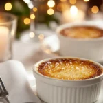 Elegant crab brulee recipe served in ramekins with a golden caramelized crust, presented on a fine dining table with candles and silverware