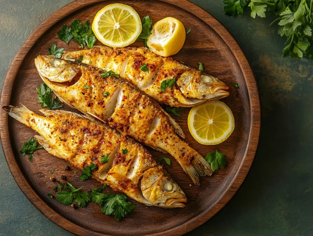 Golden crispy fried fish fillets seasoned with herbs, lemon slices, and spices without any flour coating.