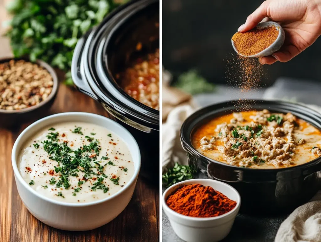 Two variations of a creamy keto Crockpot dish, highlighting customizations with coconut milk and heavy cream.