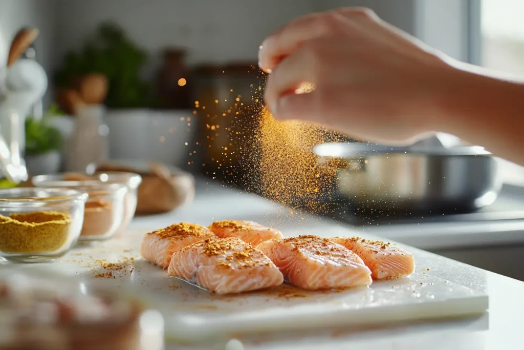 Cook sprinkling a spice mix over fresh fish fillets, answering FAQs about which spice is good for frying fish.