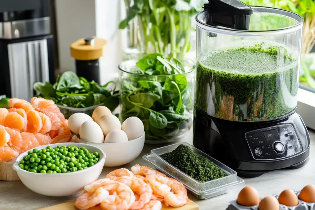 Fresh ingredients like spinach, peas, zucchini, shrimp, and spirulina powder on a kitchen countertop for homemade fish food preparation.