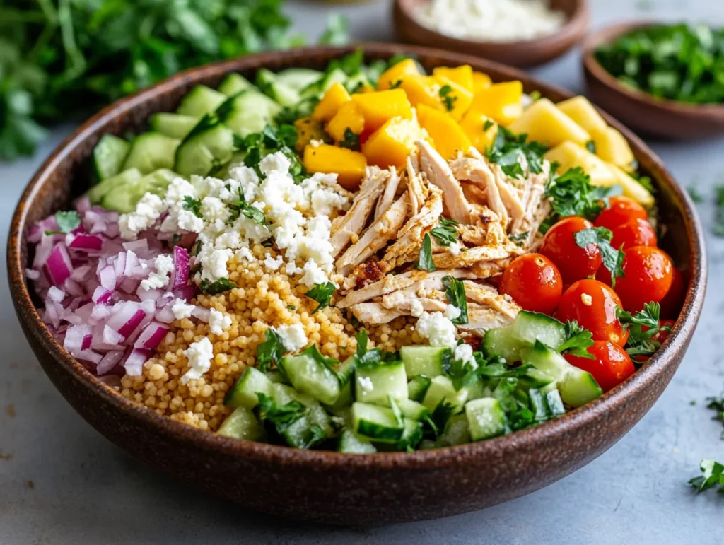 Fresh chicken couscous salad with mango, cucumber, red onions, cherry tomatoes, and crumbled feta, garnished with parsley and lemon vinaigrette.