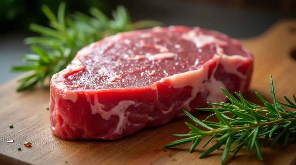 Fresh raw lamb breast on a wooden cutting board, ready for cooking.