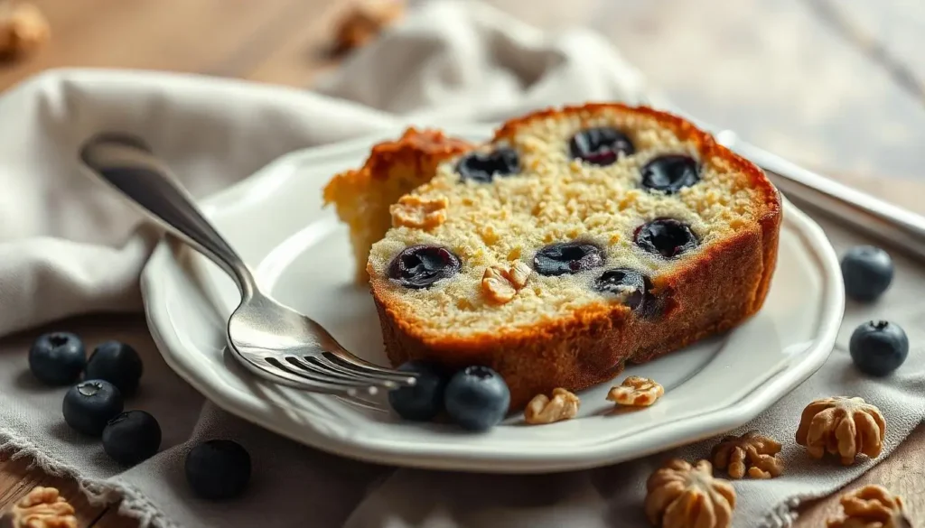 A sliced coffee cake featuring blueberries and walnuts, highlighting creative variations with fruit and nut additions for extra flavor.