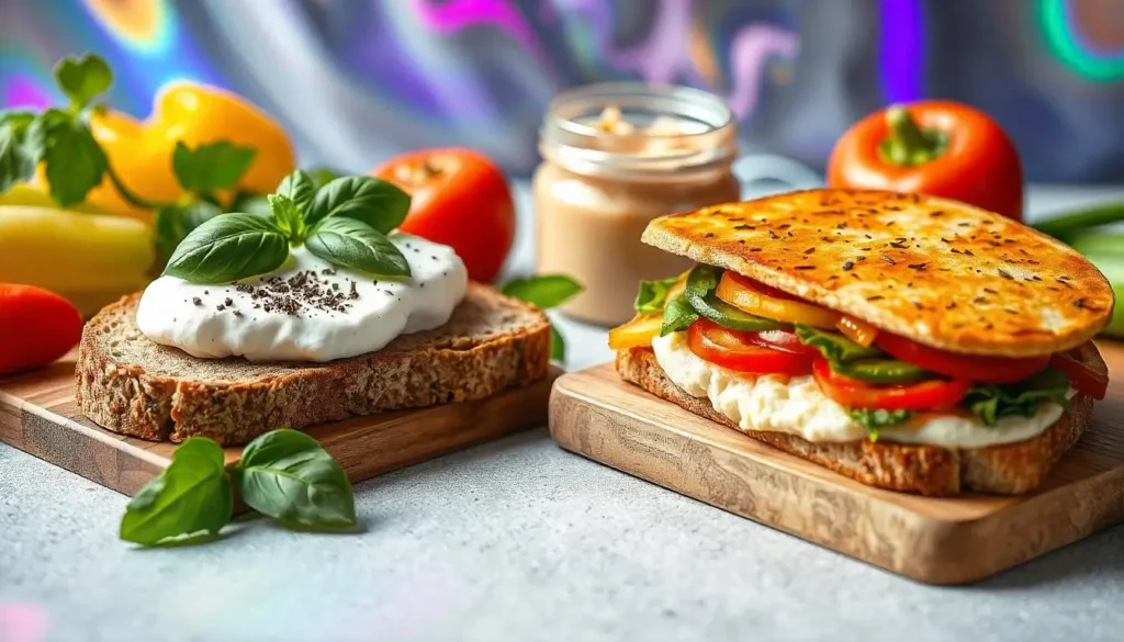 Healthy dishes with sprouted wheat bread topped with low-fat ricotta, basil, and black pepper, alongside a hummus and vegetable cheese sandwich.