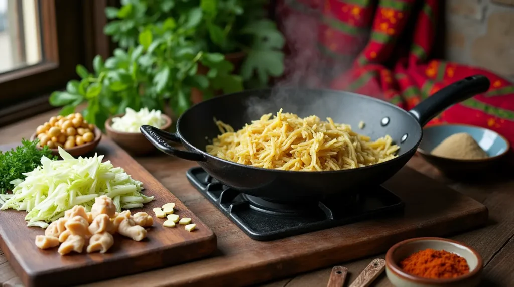 A vibrant display of traditional Hmong dishes, including Hmong sausage and chicken soup, thoughtfully arranged with fresh herbs and ingredients on a wooden table. 