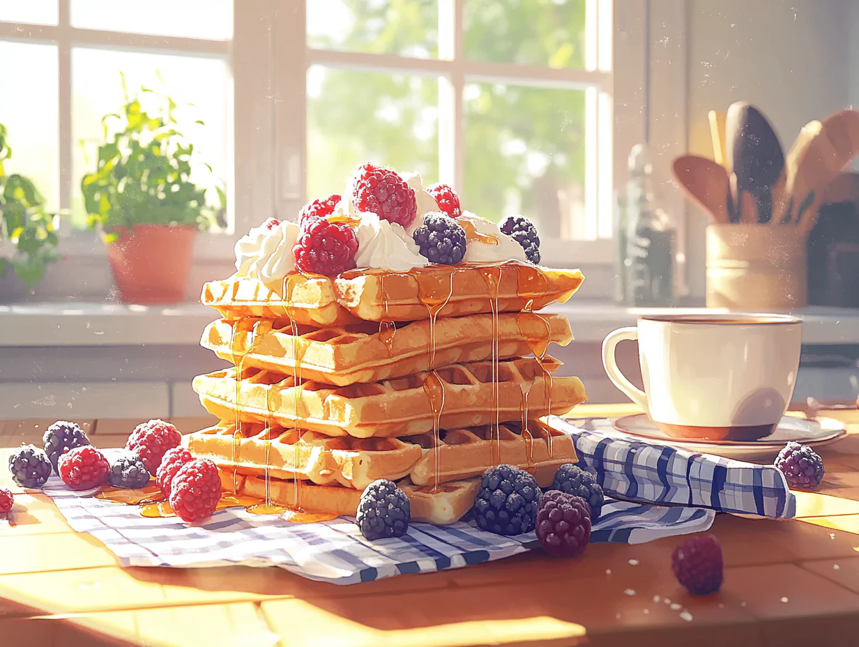 A cozy breakfast table featuring golden-brown waffles made with the Krusteaz waffle recipe, topped with syrup, berries, and whipped cream.