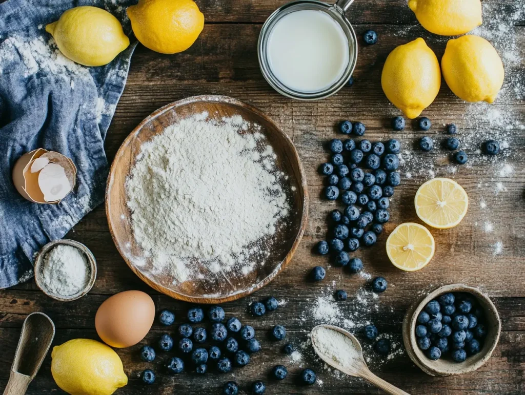 Fresh ingredients for blueberry lemon pancakes, including blueberries, lemons, eggs, flour, and milk, arranged neatly on a wooden countertop.