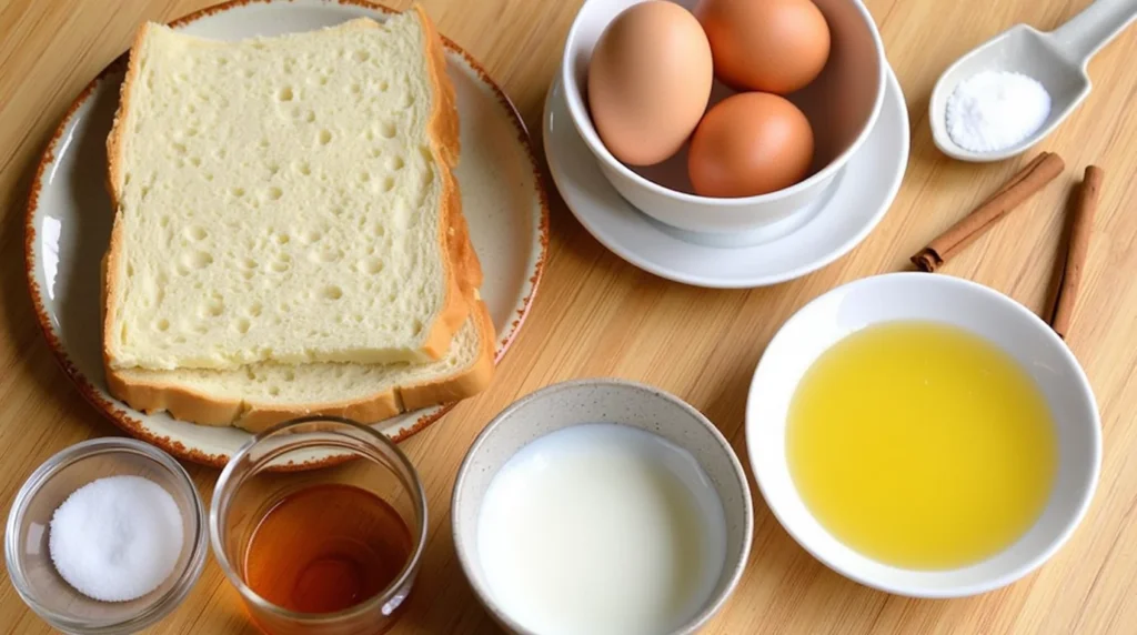 Key ingredients for sourdough French toast recipe: sourdough bread, eggs, cream, vanilla extract, cinnamon, and sugar arranged on a wooden countertop