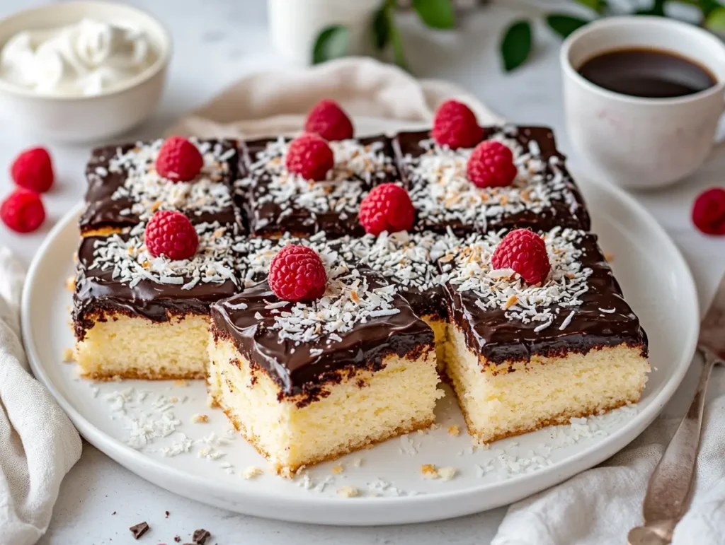 Decorated kefir sheet cake squares with chocolate glaze, shredded coconut, and raspberries on a serving platter with coffee and whipped cream.