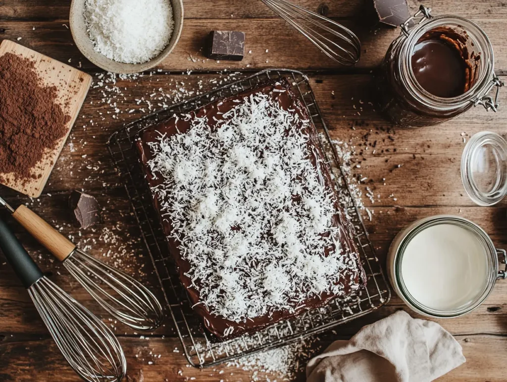 Freshly baked kefir sheet cake with chocolate glaze and shredded coconut on a wooden countertop, surrounded by baking tools and ingredients.