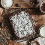 Freshly baked kefir sheet cake with chocolate glaze and shredded coconut on a wooden countertop, surrounded by baking tools and ingredients.