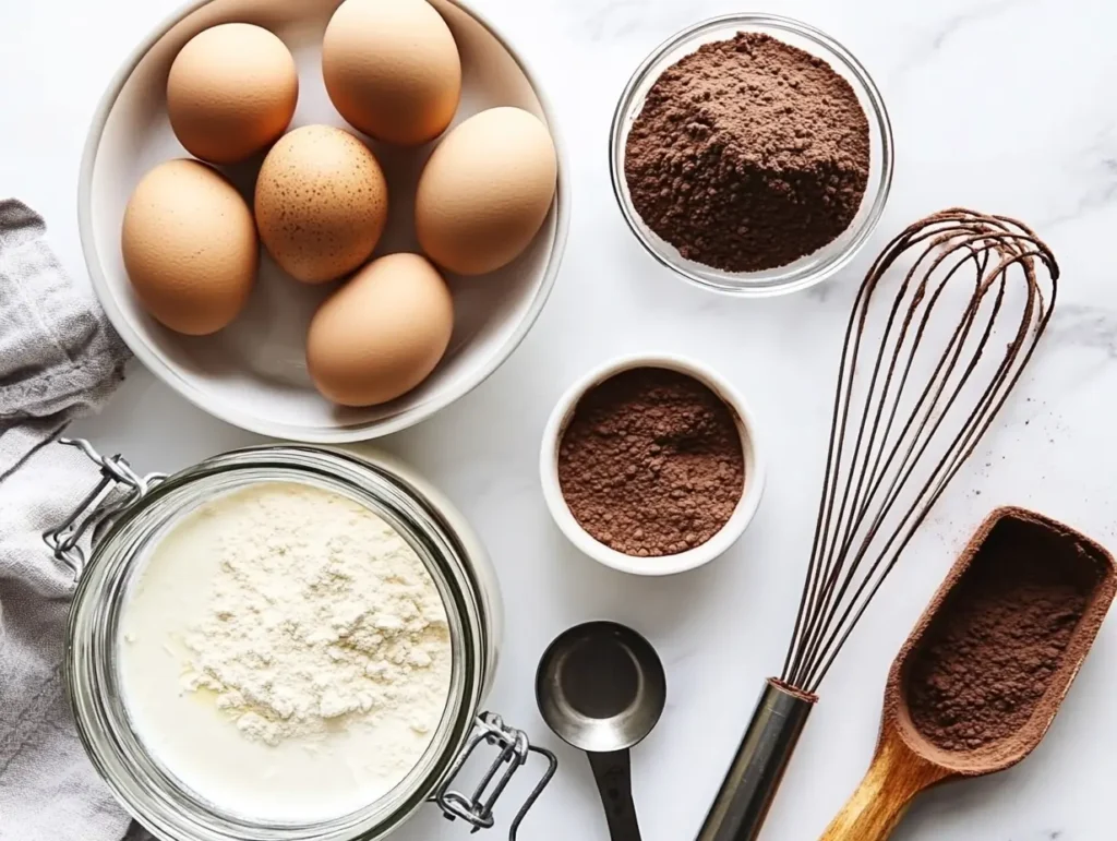 Key ingredients for kefir sheet cake recipe, including kefir, eggs, flour, cocoa powder, sugar, baking soda, and oil, neatly arranged on a countertop.