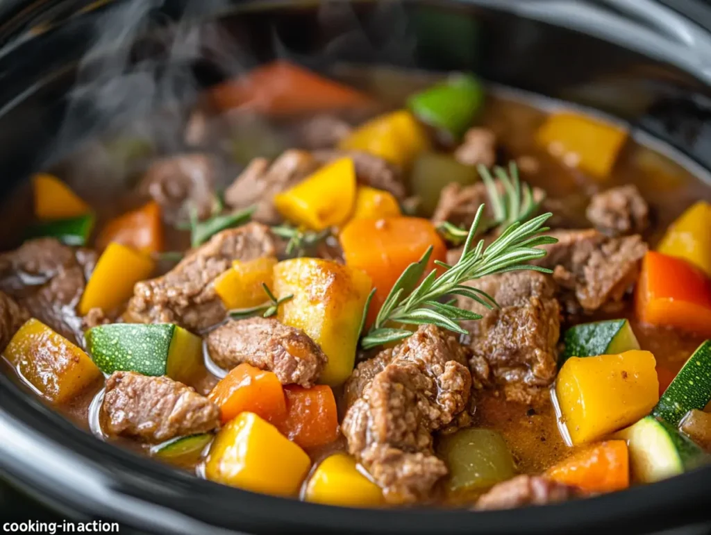 A slow cooker filled with keto-friendly ingredients like beef, low-carb vegetables, and fresh herbs, ideal for low-carb slow cooker recipes.