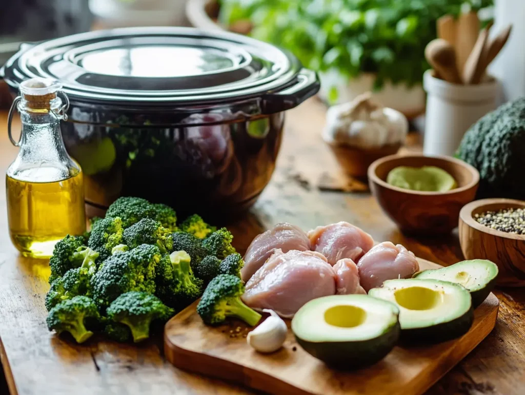 Fresh ingredients like chicken, zucchini, and olive oil arranged around a slow cooker, perfect for keto crockpot recipes.