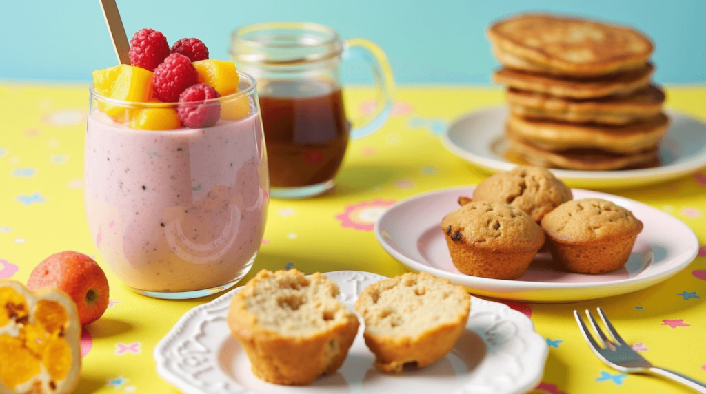 A cheerful kid-friendly plant-based breakfast setup featuring a smoothie bowl with fruits, vegan muffins, and a stack of banana pancakes on a colorful tablecloth.