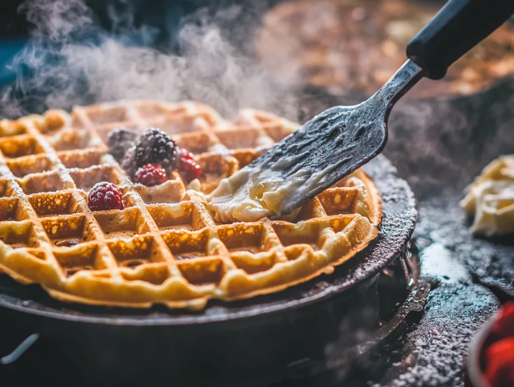  A close-up of crispy waffles cooking in a waffle iron, with steam rising and toppings like syrup and berries nearby.