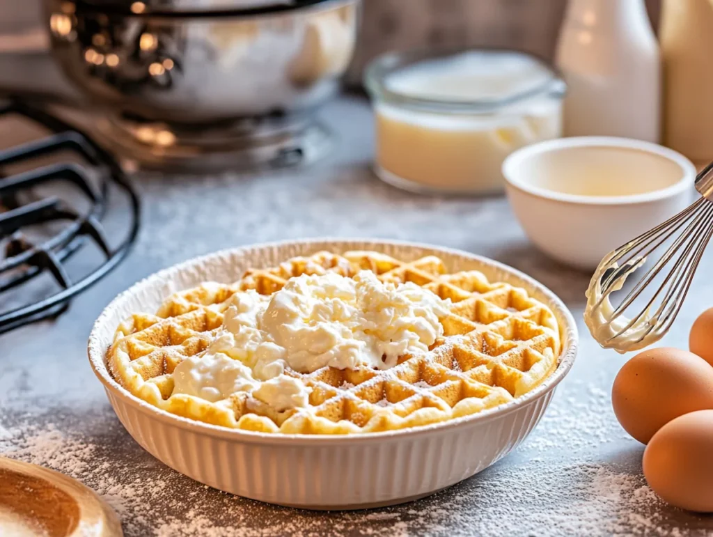 tep-by-step preparation of the Krusteaz waffle recipe, showing ingredients like eggs, milk, and waffle mix with a waffle iron ready to cook.